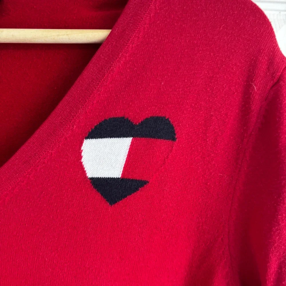 Tommy‎ Hilfiger Red V Neck Heart Logo Long Sleeve Sweater Women's L G - Picture 3 of 6